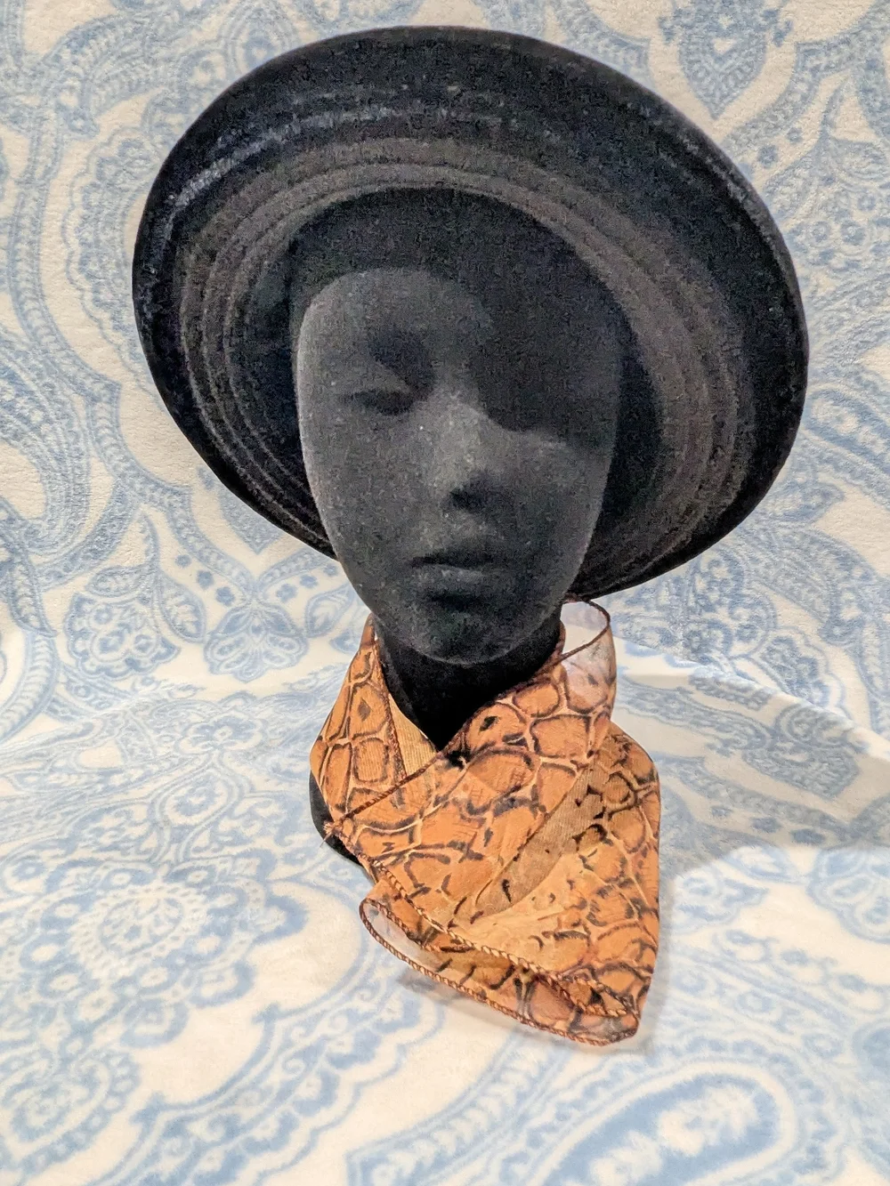 Black Velvet Cloche Hat with Tan Snakeskin Scarf - Women Accessories